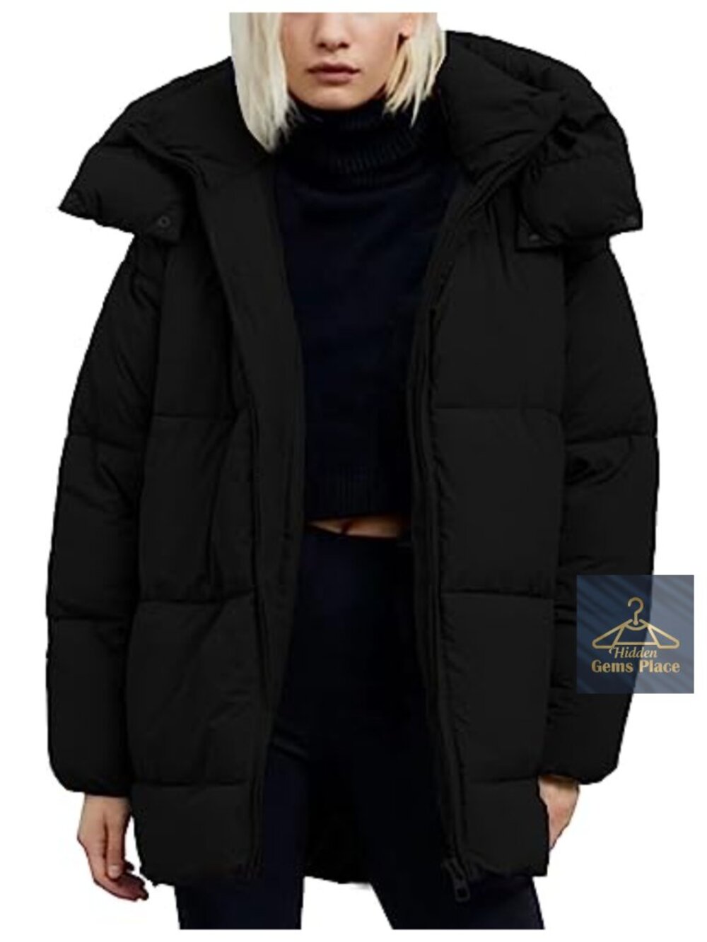 Quilted Hooded Puffer Jacket Mid-Length Padded Winter Coat